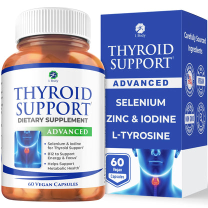 1 Body Thyroid Support Supplement for Women and Men, Selenium with Iodine, Zinc, B12, Ashwagandha and L-Tyrosine, Supports Hormone Health, Energy and Metabolism, 30 Day Supply - Maple Wellness Supplements