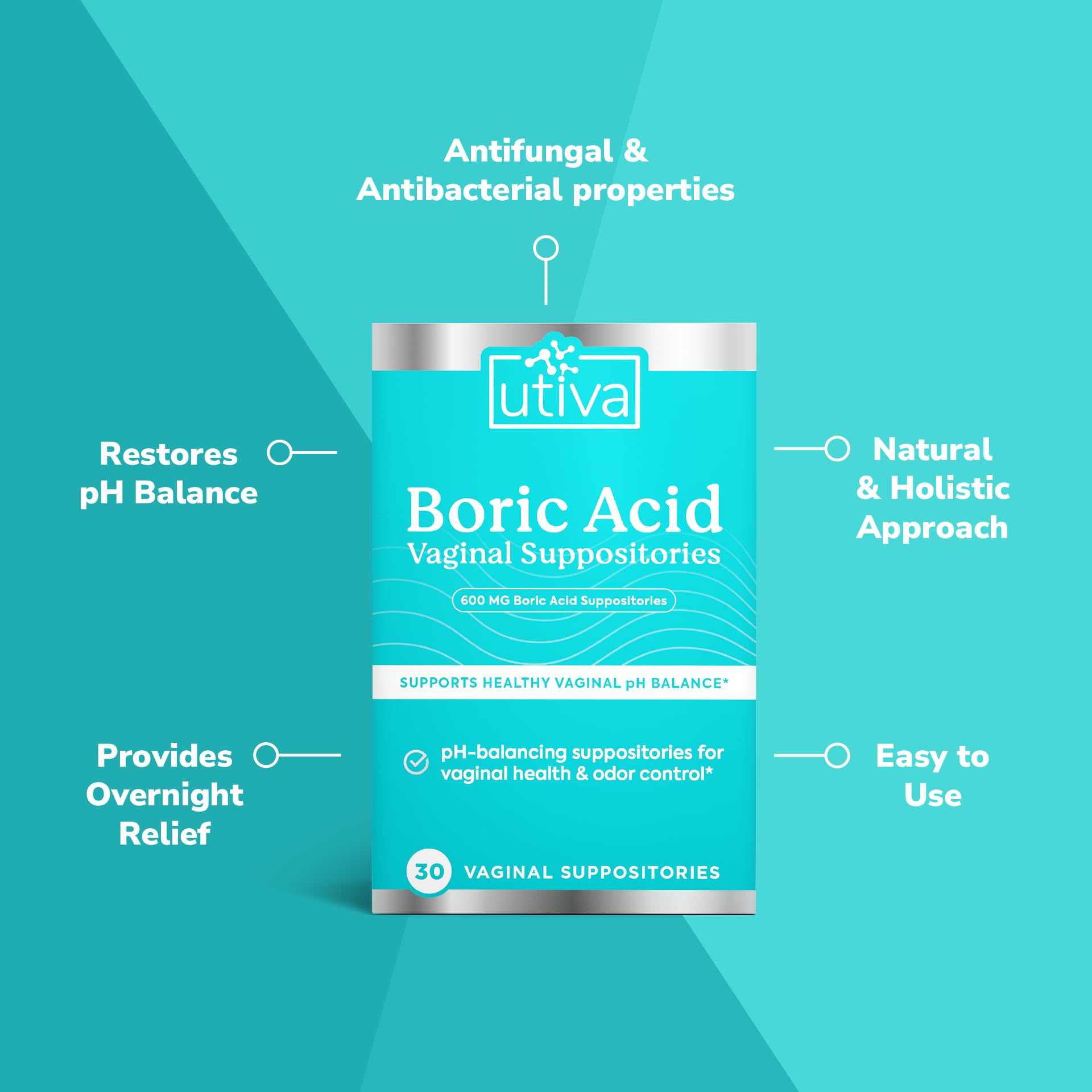 10% Bundle Utiva Boric Acid - 600mg 30-Boric Acid Vaginal Suppositories to Lower pH and Support Vaginal Health + Utiva Suppository Applicators – Hygienic Individually Wrapped 15 Vaginal Applicators - Maple Wellness Supplements