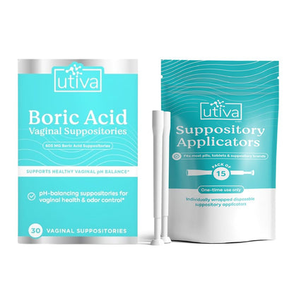10% Bundle Utiva Boric Acid - 600mg 30-Boric Acid Vaginal Suppositories to Lower pH and Support Vaginal Health + Utiva Suppository Applicators – Hygienic Individually Wrapped 15 Vaginal Applicators - Maple Wellness Supplements