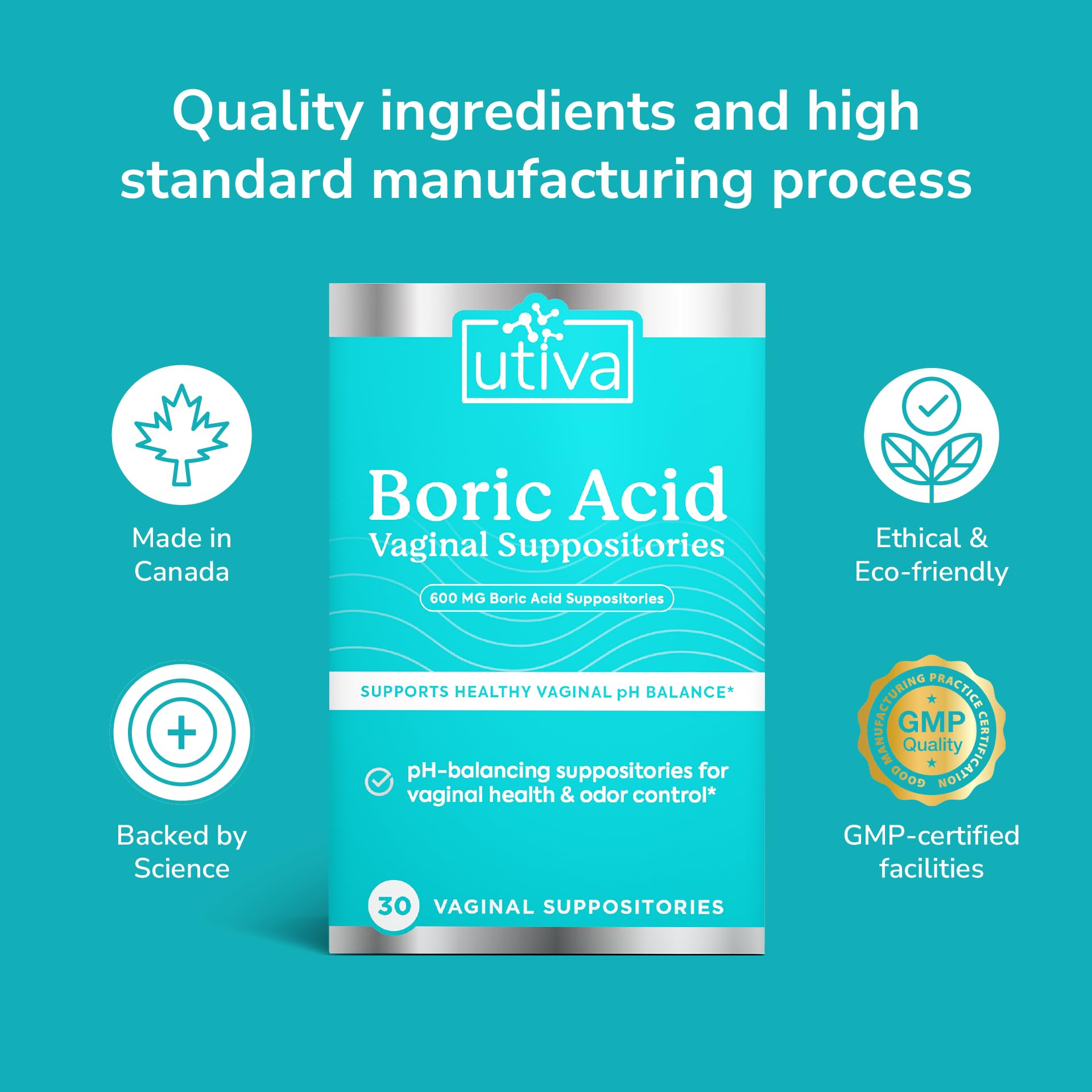 10% Bundle Utiva Boric Acid - 600mg 30-Boric Acid Vaginal Suppositories to Lower pH and Support Vaginal Health + Utiva Suppository Applicators – Hygienic Individually Wrapped 15 Vaginal Applicators - Maple Wellness Supplements