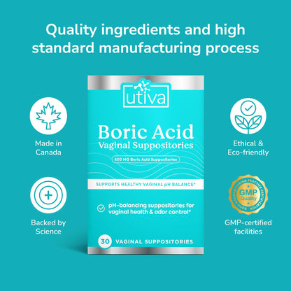 10% Bundle Utiva Boric Acid - 600mg 30-Boric Acid Vaginal Suppositories to Lower pH and Support Vaginal Health + Utiva Suppository Applicators – Hygienic Individually Wrapped 15 Vaginal Applicators - Maple Wellness Supplements
