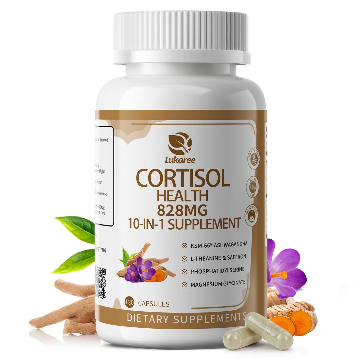 10-IN-1 Cortisol Supplements w/ KSM-66® Ashwagandha 300mg + L-Theanine 250mg, Magnesium Glycinate, Saffron, Phosphatidylserine, Turmeric & Vitamin C D3 B6 B5, For Women Men, 120 Capsules 60-Day Supply - Maple Wellness Supplements