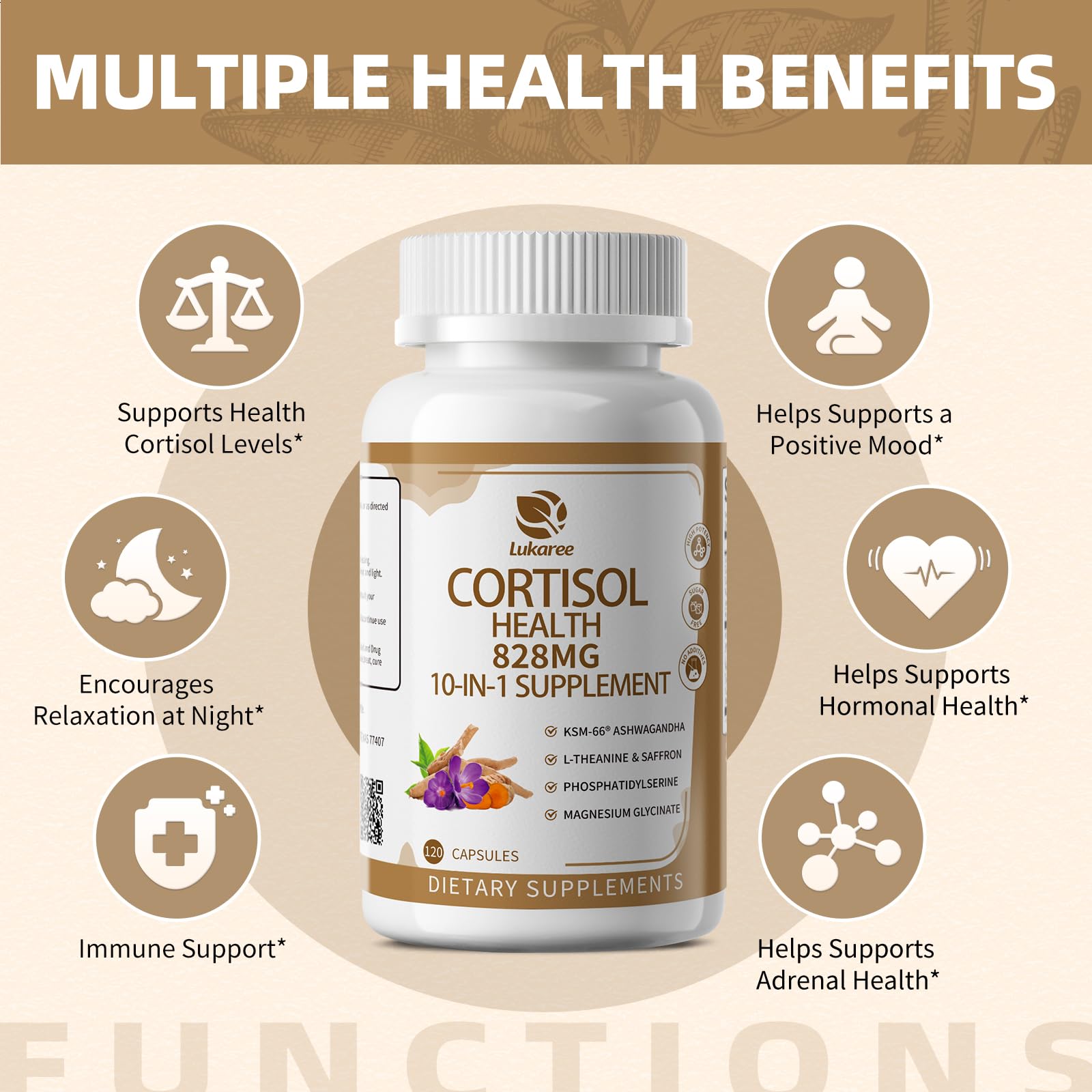 10-IN-1 Cortisol Supplements w/ KSM-66® Ashwagandha 300mg + L-Theanine 250mg, Magnesium Glycinate, Saffron, Phosphatidylserine, Turmeric & Vitamin C D3 B6 B5, For Women Men, 120 Capsules 60-Day Supply - Maple Wellness Supplements