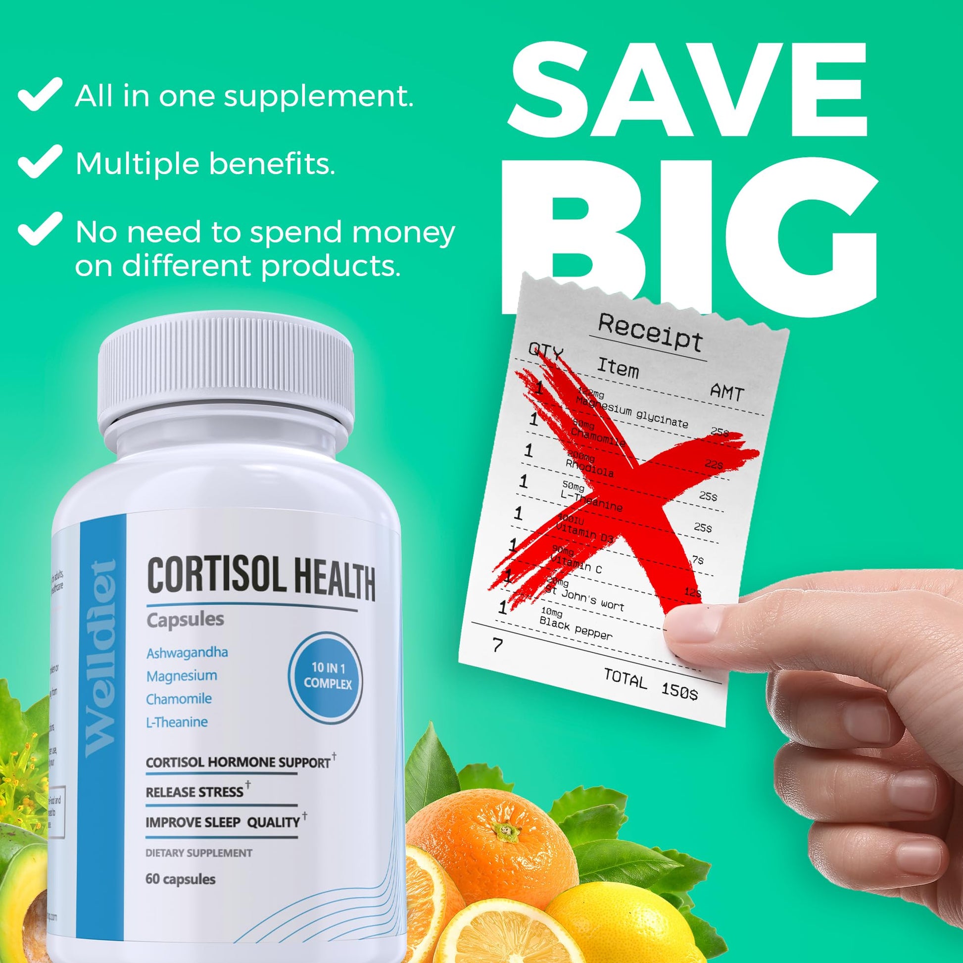 10-in-1 Cortisol Supplements with Magnesium, Ashwagandha, Chamomile, L-Theanine, St. John's Wort, Rhodiola, 60 Capsules, Cortisol Supplements For Women -& Men, Cortisol Reducer, High cortisol - Maple Wellness Supplements