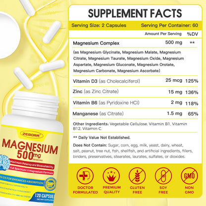 10-in-1 Magnesium Complex Supplement, Magnesium Glycinate 500mg with Citrate & Malate, Chelated High Absorption Plus Vitamin D3 & Zinc - for Nerve, Muscle & Bone Support - 120 Capsules - Maple Wellness Supplements