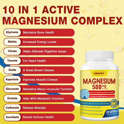 10-in-1 Magnesium Complex Supplement, Magnesium Glycinate 500mg with Citrate & Malate, Chelated High Absorption Plus Vitamin D3 & Zinc - for Nerve, Muscle & Bone Support - 120 Capsules - Maple Wellness Supplements