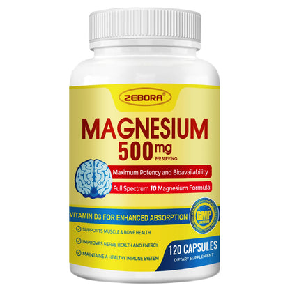 10-in-1 Magnesium Complex Supplement, Magnesium Glycinate 500mg with Citrate & Malate, Chelated High Absorption Plus Vitamin D3 & Zinc - for Nerve, Muscle & Bone Support - 120 Capsules - Maple Wellness Supplements