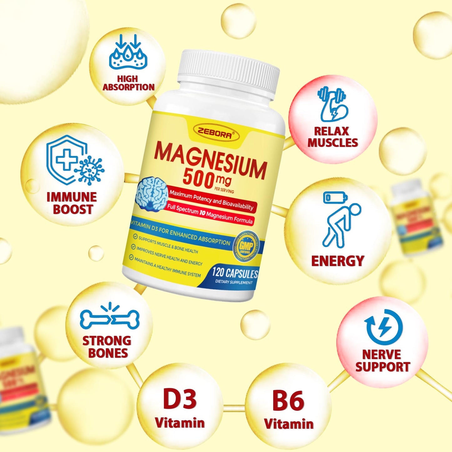 10-in-1 Magnesium Complex Supplement, Magnesium Glycinate 500mg with Citrate & Malate, Chelated High Absorption Plus Vitamin D3 & Zinc - for Nerve, Muscle & Bone Support - 120 Capsules - Maple Wellness Supplements