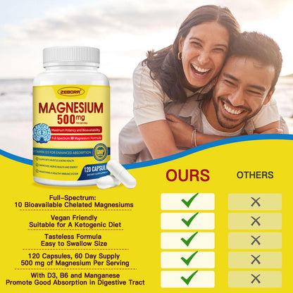10-in-1 Magnesium Complex Supplement, Magnesium Glycinate 500mg with Citrate & Malate, Chelated High Absorption Plus Vitamin D3 & Zinc - for Nerve, Muscle & Bone Support - 120 Capsules - Maple Wellness Supplements