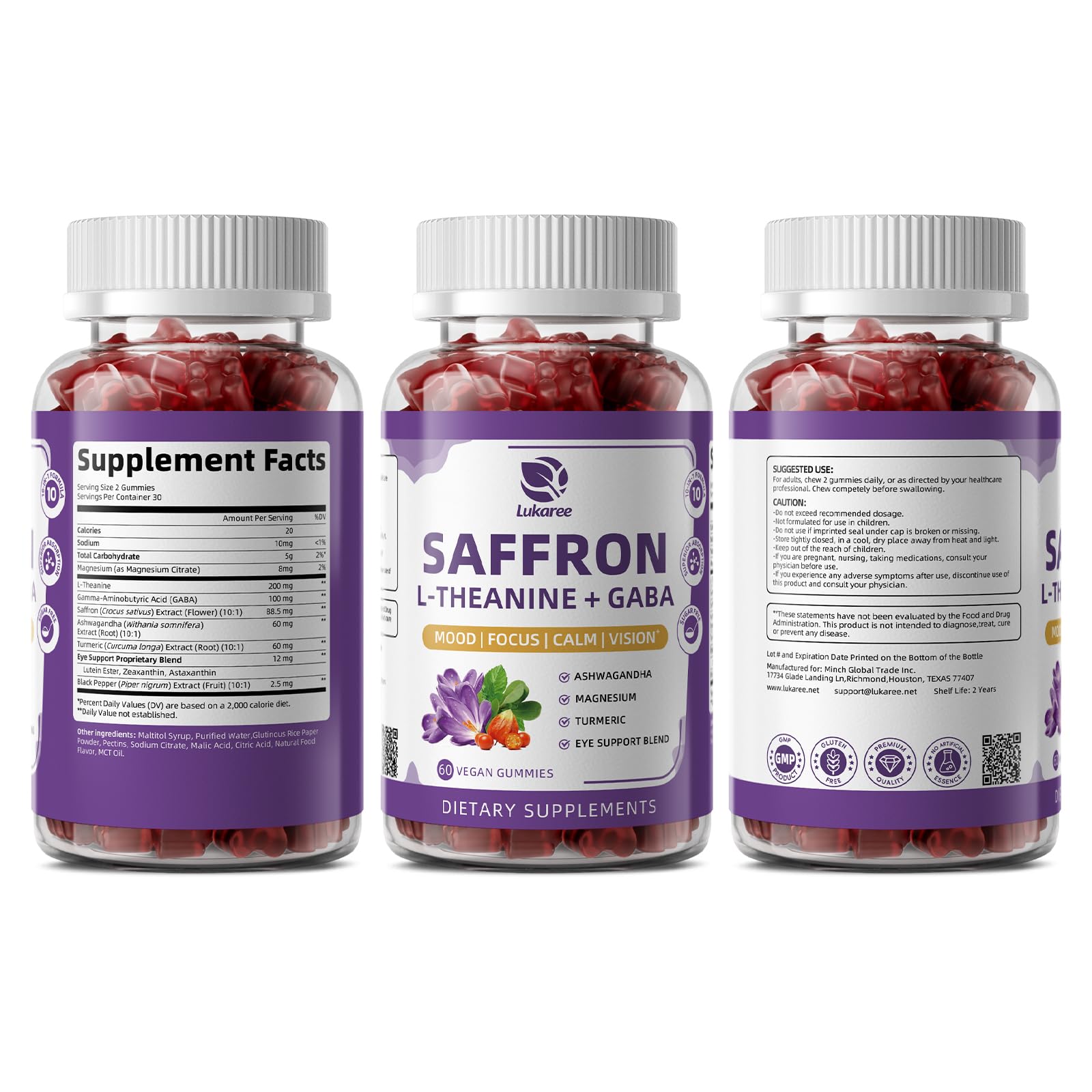 10-in-1 Saffron Supplements Gummies - Saffron Extract 88.5 mg with L-Theanine, GABA, Ashwagandha, Turmeric,Magnesium – Mood, Focus, Vision Support & Cortisol Balance, Sugar Free, Vegan, 60 Counts - Maple Wellness Supplements