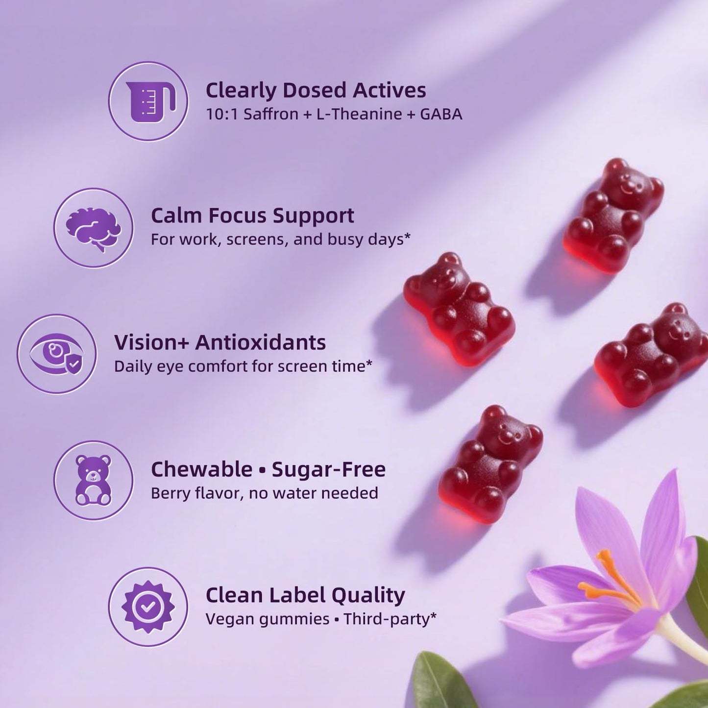 10-in-1 Saffron Supplements Gummies - Saffron Extract 88.5 mg with L-Theanine, GABA, Ashwagandha, Turmeric,Magnesium – Mood, Focus, Vision Support & Cortisol Balance, Sugar Free, Vegan, 60 Counts - Maple Wellness Supplements