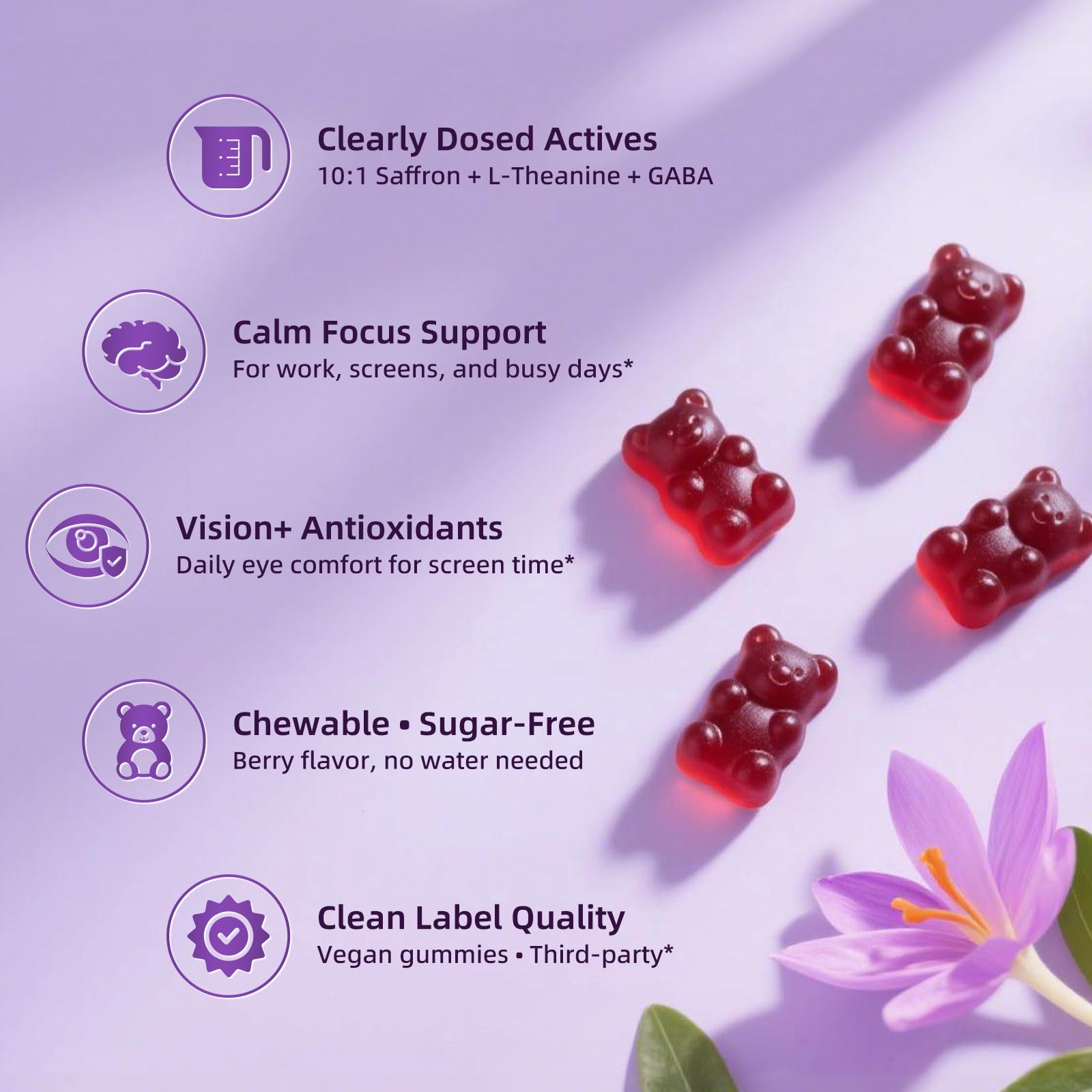 10-in-1 Saffron Supplements Gummies - Saffron Extract 88.5 mg with L-Theanine, GABA, Ashwagandha, Turmeric,Magnesium – Mood, Focus, Vision Support & Cortisol Balance, Sugar Free, Vegan, 60 Counts - Maple Wellness Supplements