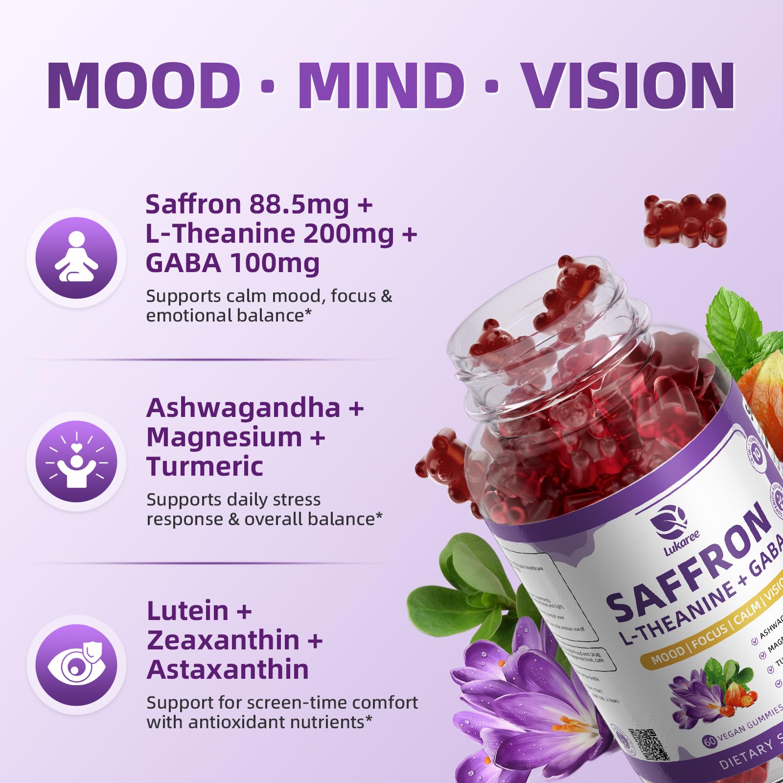 10-in-1 Saffron Supplements Gummies - Saffron Extract 88.5 mg with L-Theanine, GABA, Ashwagandha, Turmeric,Magnesium – Mood, Focus, Vision Support & Cortisol Balance, Sugar Free, Vegan, 60 Counts - Maple Wellness Supplements