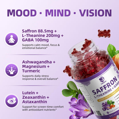 10-in-1 Saffron Supplements Gummies - Saffron Extract 88.5 mg with L-Theanine, GABA, Ashwagandha, Turmeric,Magnesium – Mood, Focus, Vision Support & Cortisol Balance, Sugar Free, Vegan, 60 Counts - Maple Wellness Supplements