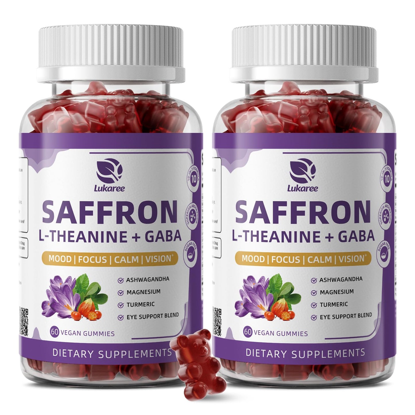 10-in-1 Saffron Supplements Gummies - Saffron Extract 88.5 mg with L-Theanine, GABA, Ashwagandha, Turmeric,Magnesium – Mood, Focus, Vision Support & Cortisol Balance, Sugar Free, Vegan, 60 Counts - Maple Wellness Supplements
