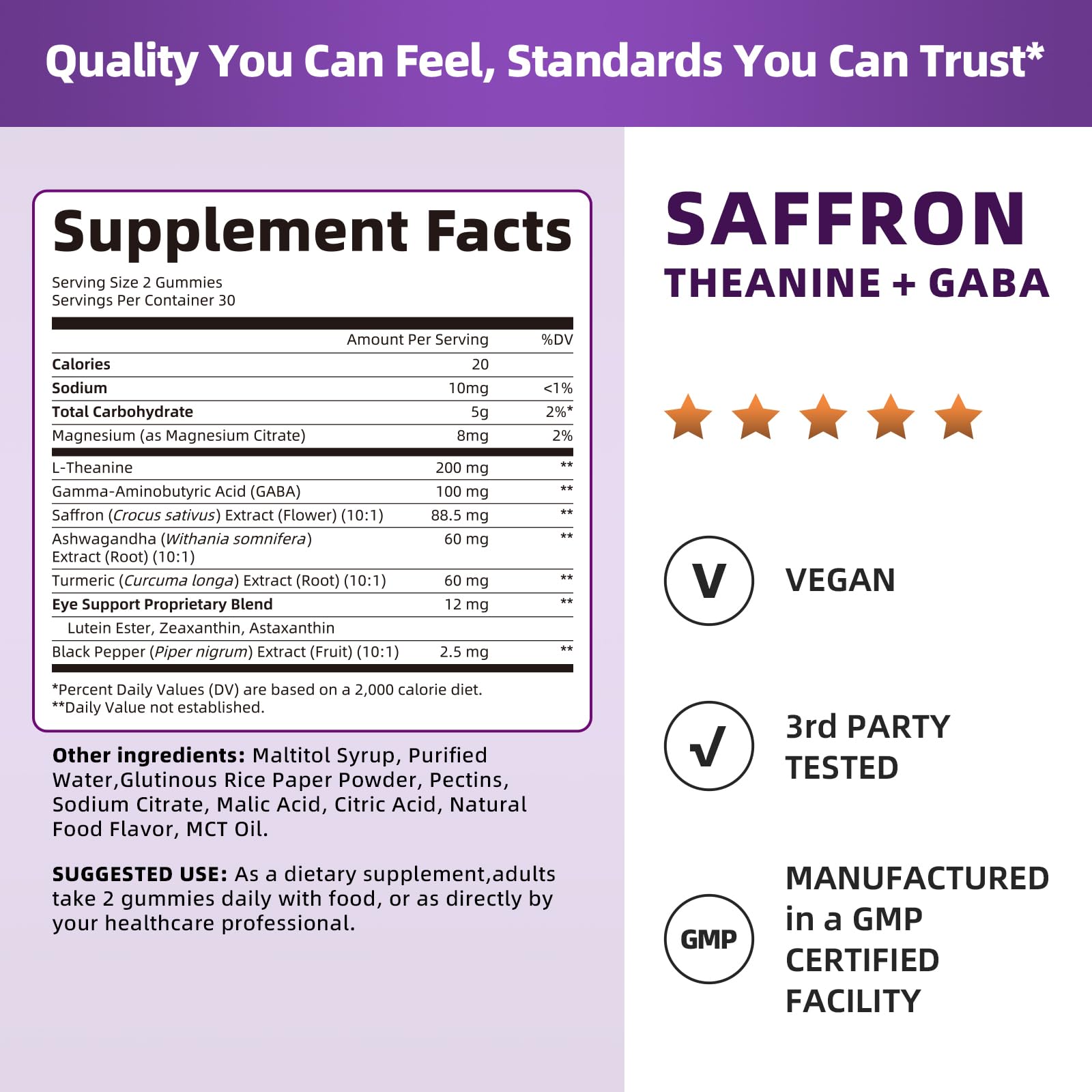 10-in-1 Saffron Supplements Gummies - Saffron Extract 88.5 mg with L-Theanine, GABA, Ashwagandha, Turmeric,Magnesium – Mood, Focus, Vision Support & Cortisol Balance, Sugar Free, Vegan, 60 Counts - Maple Wellness Supplements