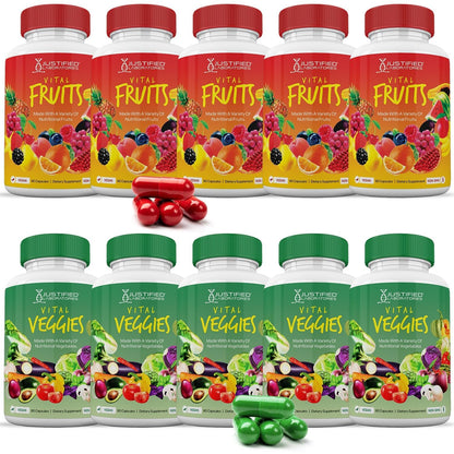(10 Pack) Vital Fruits and Veggies Supplement Whole Food Red & Green Superfoods Non GMO Vegan Friendly 900 Veggie Capsules 10 Bottles - Maple Wellness Supplements