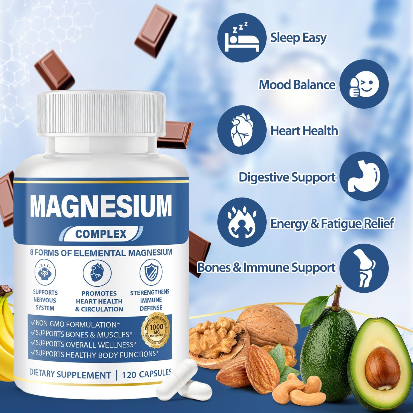 1000mg Magnesium Complex 8 in 1 for Women & Men – Magnesium Glycinate, Citrate, Malate, Taurate, Oxide, Carbonate, Aspartate, Orotate – Vegan Non-GMO, for Sleep, Fatigue & Heart Health, 120 Capsules - Maple Wellness Supplements