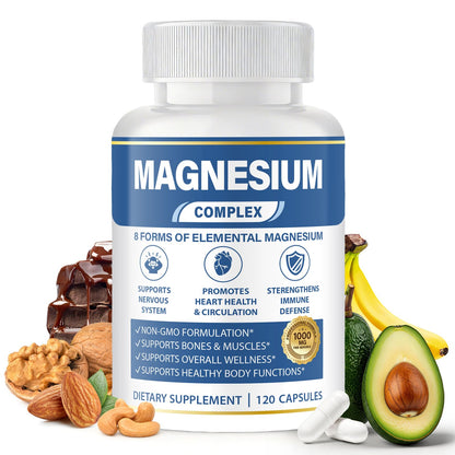 1000mg Magnesium Complex 8 in 1 for Women & Men – Magnesium Glycinate, Citrate, Malate, Taurate, Oxide, Carbonate, Aspartate, Orotate – Vegan Non-GMO, for Sleep, Fatigue & Heart Health, 120 Capsules - Maple Wellness Supplements