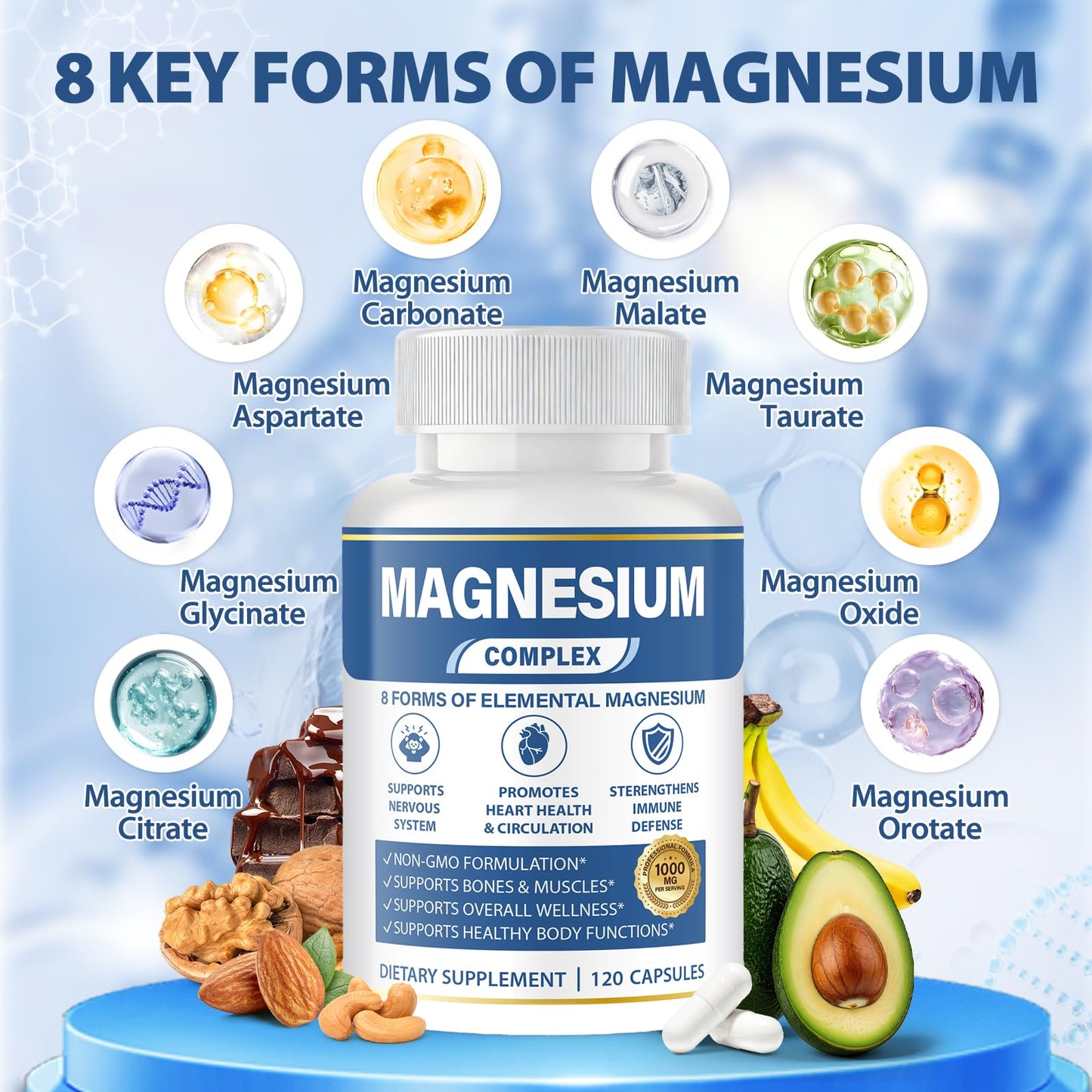1000mg Magnesium Complex 8 in 1 for Women & Men – Magnesium Glycinate, Citrate, Malate, Taurate, Oxide, Carbonate, Aspartate, Orotate – Vegan Non-GMO, for Sleep, Fatigue & Heart Health, 120 Capsules - Maple Wellness Supplements