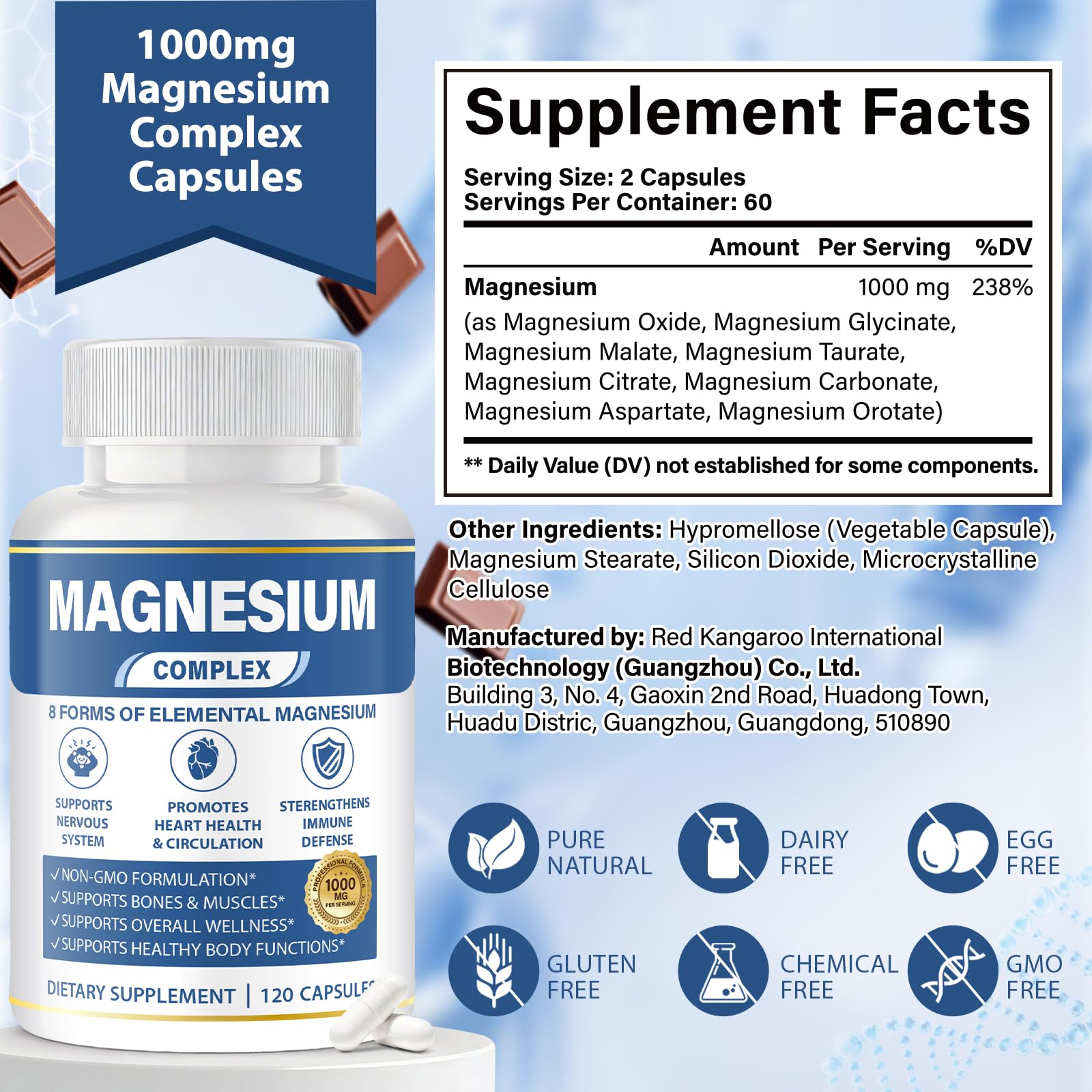 1000mg Magnesium Complex 8 in 1 for Women & Men – Magnesium Glycinate, Citrate, Malate, Taurate, Oxide, Carbonate, Aspartate, Orotate – Vegan Non-GMO, for Sleep, Fatigue & Heart Health, 120 Capsules - Maple Wellness Supplements
