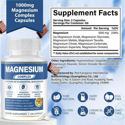 1000mg Magnesium Complex 8 in 1 for Women & Men – Magnesium Glycinate, Citrate, Malate, Taurate, Oxide, Carbonate, Aspartate, Orotate – Vegan Non-GMO, for Sleep, Fatigue & Heart Health, 120 Capsules - Maple Wellness Supplements