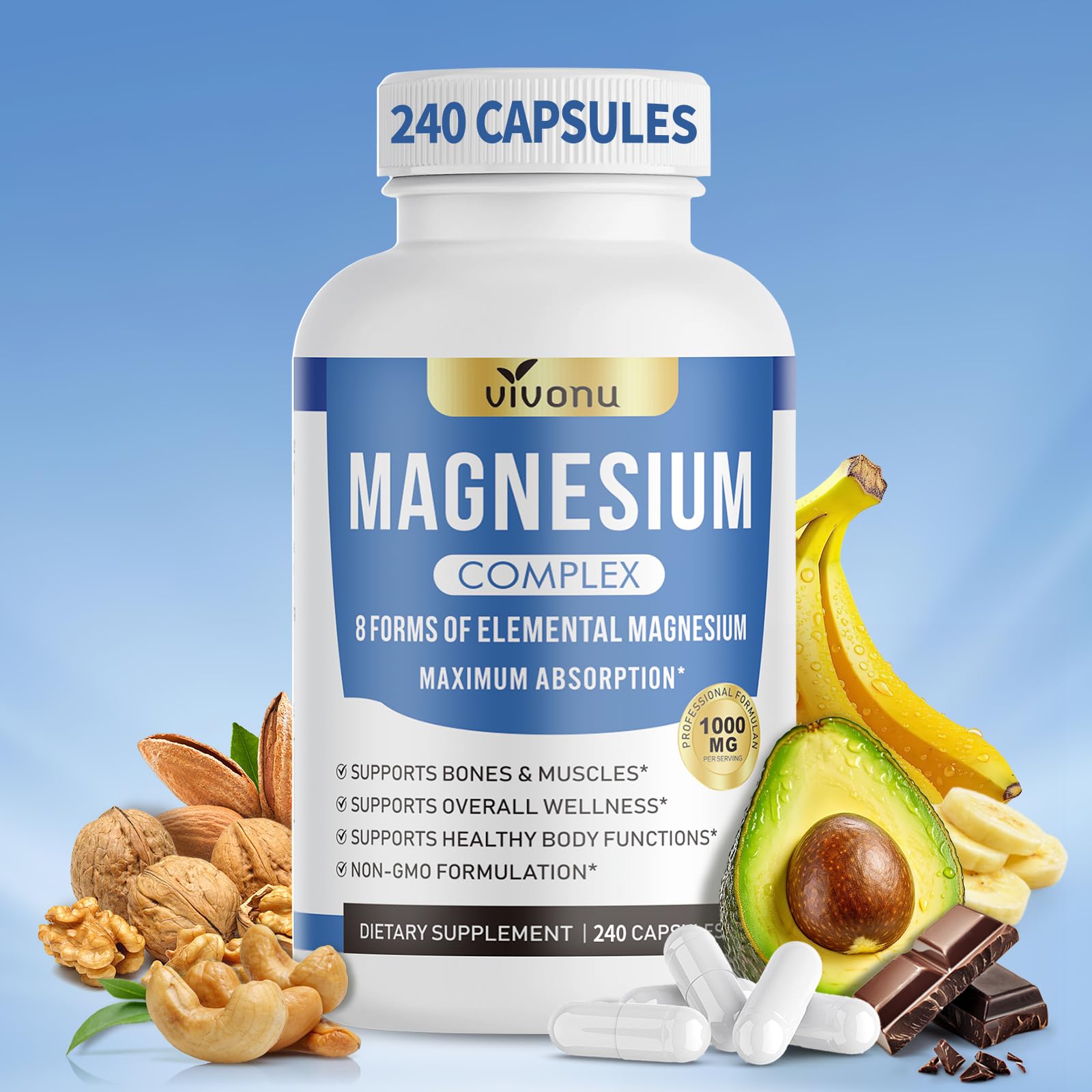 1000mg Magnesium Complex Capsules, 8-in-1 Magnesium Glycinate, Citrate, Malate, Taurate, Oxide, Carbonate, Aspartate, Orotate - 240 Capsules - Maple Wellness Supplements
