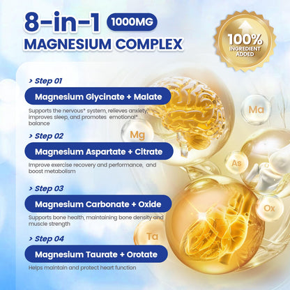 1000mg Magnesium Complex Capsules, 8-in-1 Magnesium Glycinate, Citrate, Malate, Taurate, Oxide, Carbonate, Aspartate, Orotate - 240 Capsules - Maple Wellness Supplements