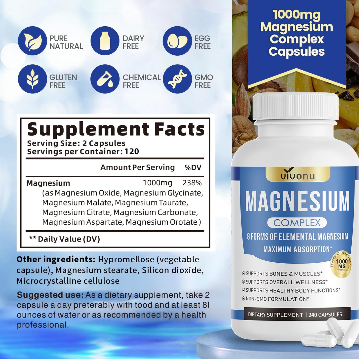 1000mg Magnesium Complex Capsules, 8-in-1 Magnesium Glycinate, Citrate, Malate, Taurate, Oxide, Carbonate, Aspartate, Orotate - 240 Capsules - Maple Wellness Supplements