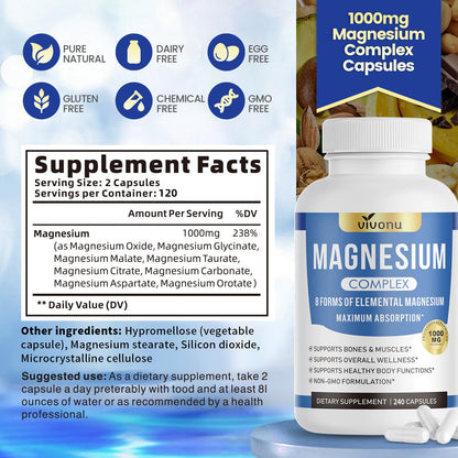 1000mg Magnesium Complex Capsules, 8-in-1 Magnesium Glycinate, Citrate, Malate, Taurate, Oxide, Carbonate, Aspartate, Orotate - 240 Capsules - Maple Wellness Supplements