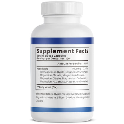 1000mg Magnesium Complex Capsules, 8-in-1 Magnesium Glycinate, Citrate, Malate, Taurate, Oxide, Carbonate, Aspartate, Orotate - 240 Capsules - Maple Wellness Supplements