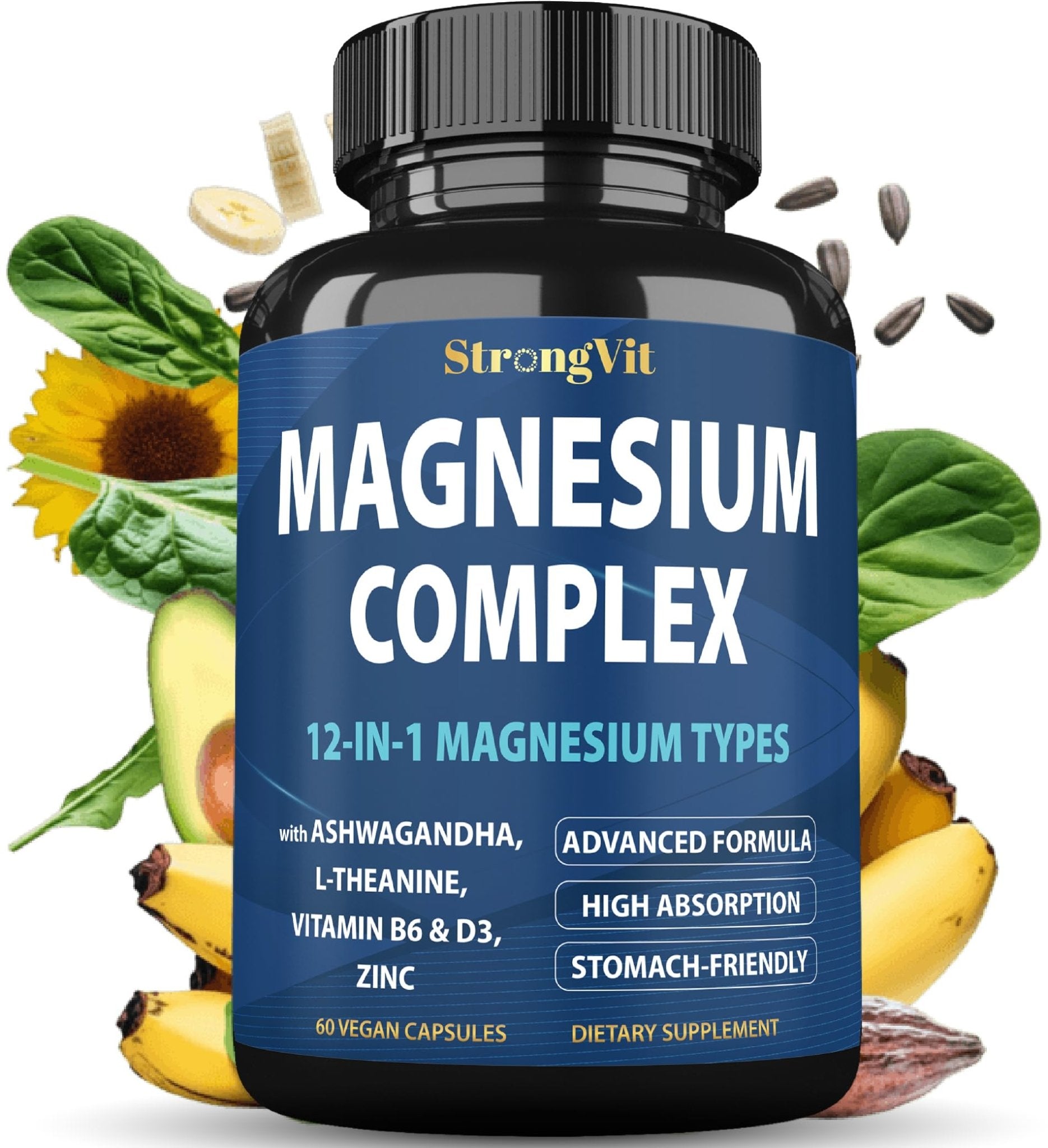 1000mg Magnesium Complex for Women and Men, 12 in 1 Magnesium Supplement with Ashwagandha, Zinc, D3, L-theanine. Easy to Swallow, High Absorption, Sleep Support & Stress Relief (60 Capsules) - Maple Wellness Supplements