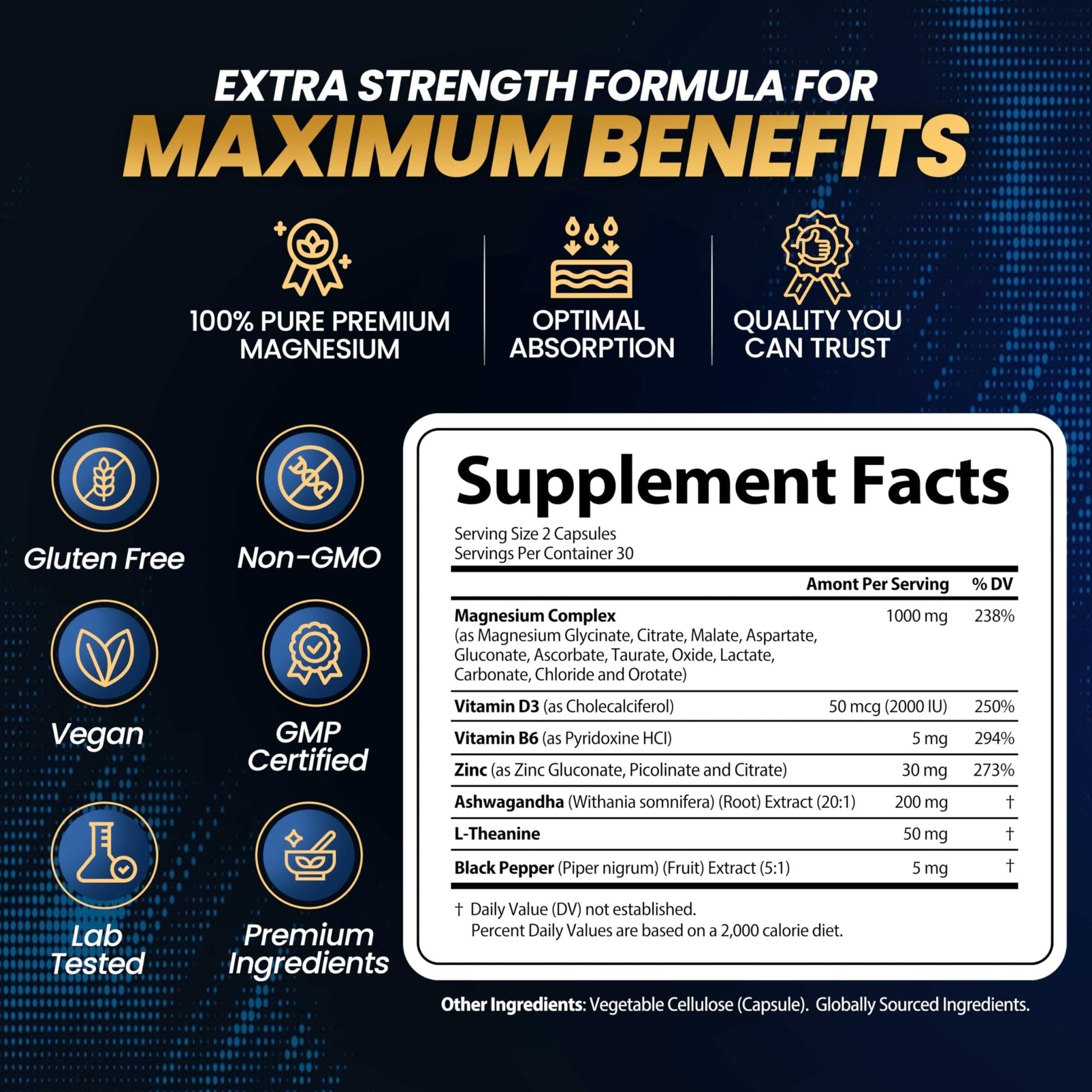 1000mg Magnesium Complex for Women and Men, 12 in 1 Magnesium Supplement with Ashwagandha, Zinc, D3, L-theanine. Easy to Swallow, High Absorption, Sleep Support & Stress Relief (60 Capsules) - Maple Wellness Supplements