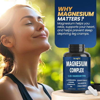 1000mg Magnesium Complex for Women and Men, 12 in 1 Magnesium Supplement with Ashwagandha, Zinc, D3, L-theanine. Easy to Swallow, High Absorption, Sleep Support & Stress Relief (60 Capsules) - Maple Wellness Supplements