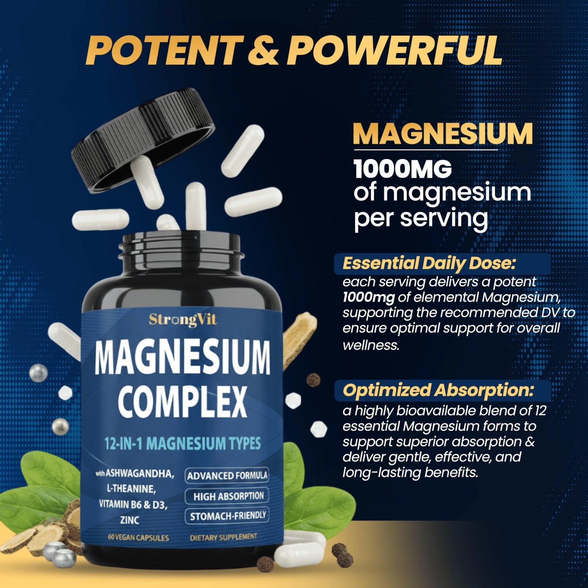 1000mg Magnesium Complex for Women and Men, 12 in 1 Magnesium Supplement with Ashwagandha, Zinc, D3, L-theanine. Easy to Swallow, High Absorption, Sleep Support & Stress Relief (60 Capsules) - Maple Wellness Supplements