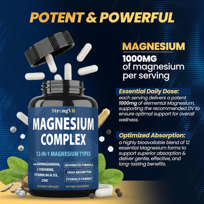1000mg Magnesium Complex for Women and Men, 12 in 1 Magnesium Supplement with Ashwagandha, Zinc, D3, L-theanine. Easy to Swallow, High Absorption, Sleep Support & Stress Relief (60 Capsules) - Maple Wellness Supplements