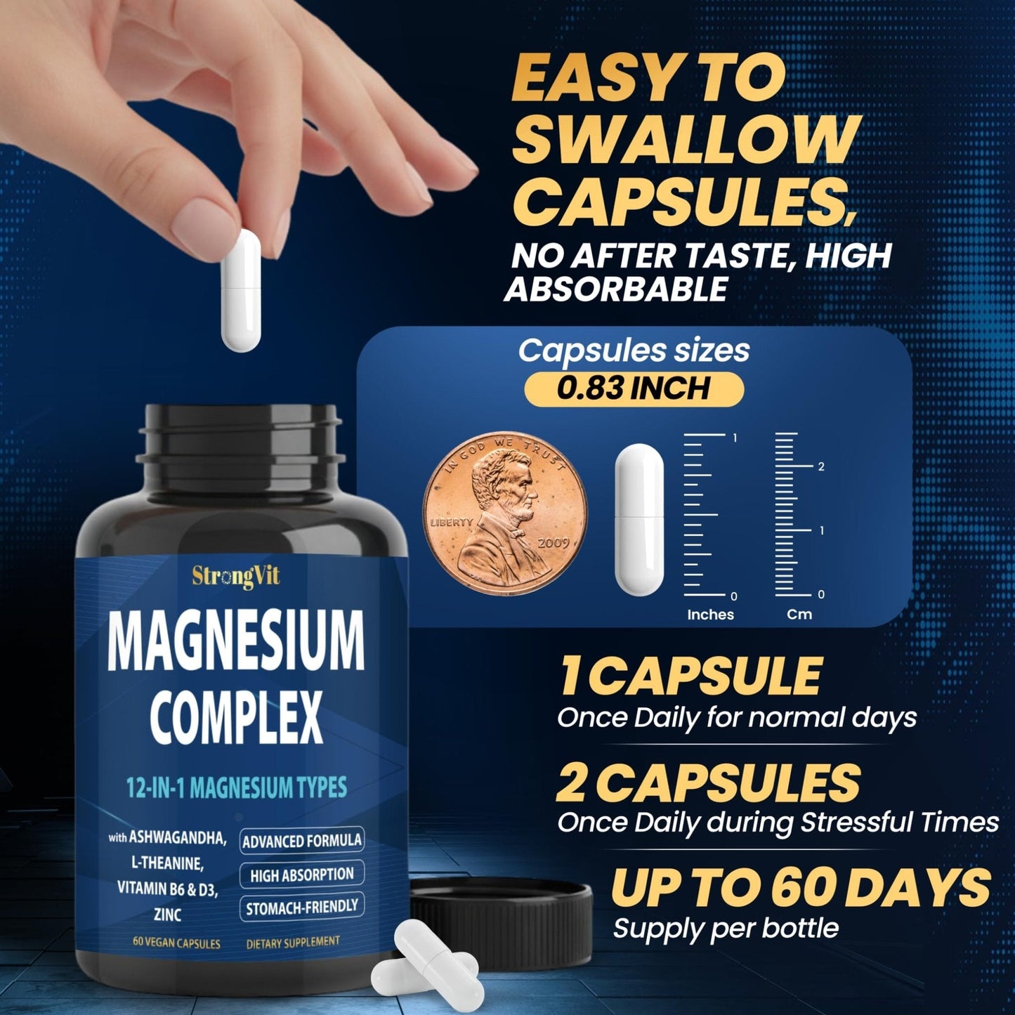 1000mg Magnesium Complex for Women and Men, 12 in 1 Magnesium Supplement with Ashwagandha, Zinc, D3, L-theanine. Easy to Swallow, High Absorption, Sleep Support & Stress Relief (60 Capsules) - Maple Wellness Supplements