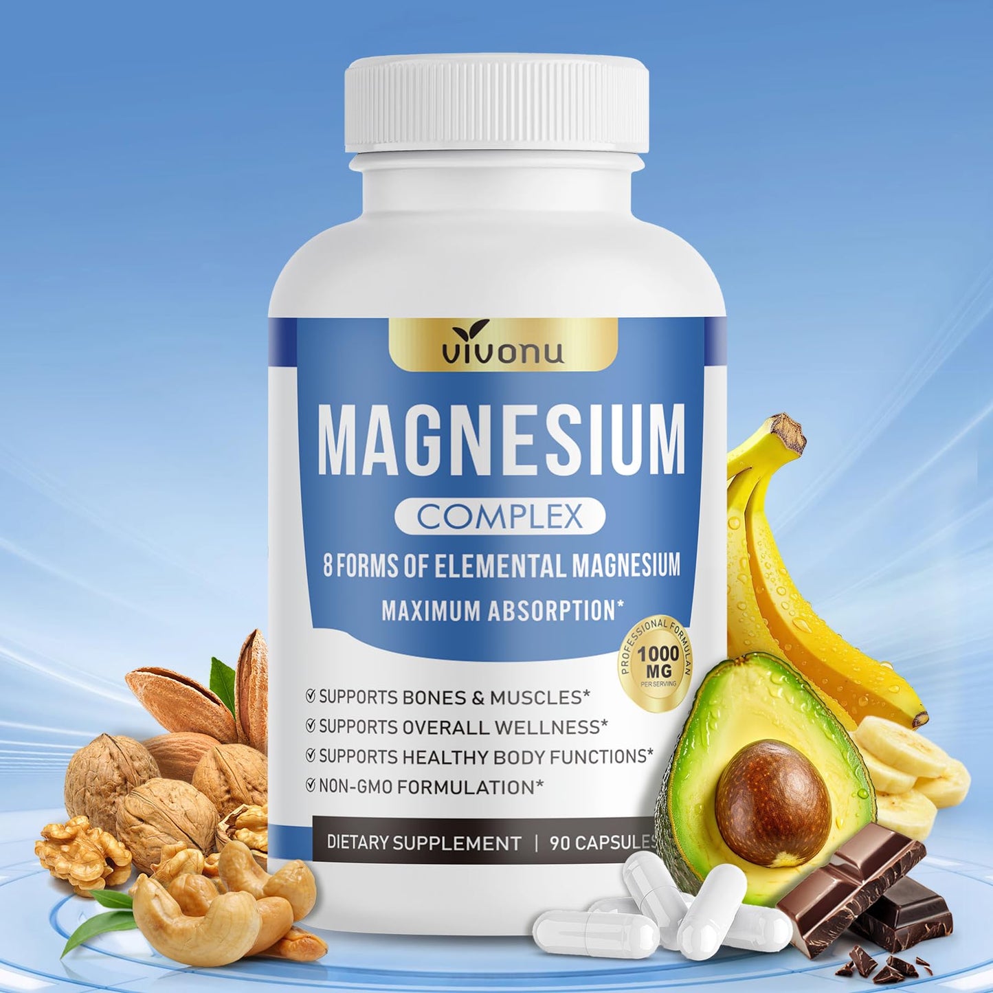 1000mg Magnesium Complex for Women & Men*, 8 Elemental with Magnesium Glycinate, Citrate, Malate, Taurate, Oxide, Carbonate, Aspartate, Orotate for Bones, Muscle - Maple Wellness Supplements