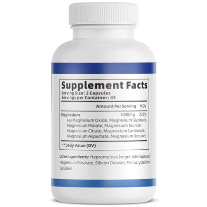 1000mg Magnesium Complex for Women & Men*, 8 Elemental with Magnesium Glycinate, Citrate, Malate, Taurate, Oxide, Carbonate, Aspartate, Orotate for Bones, Muscle - Maple Wellness Supplements