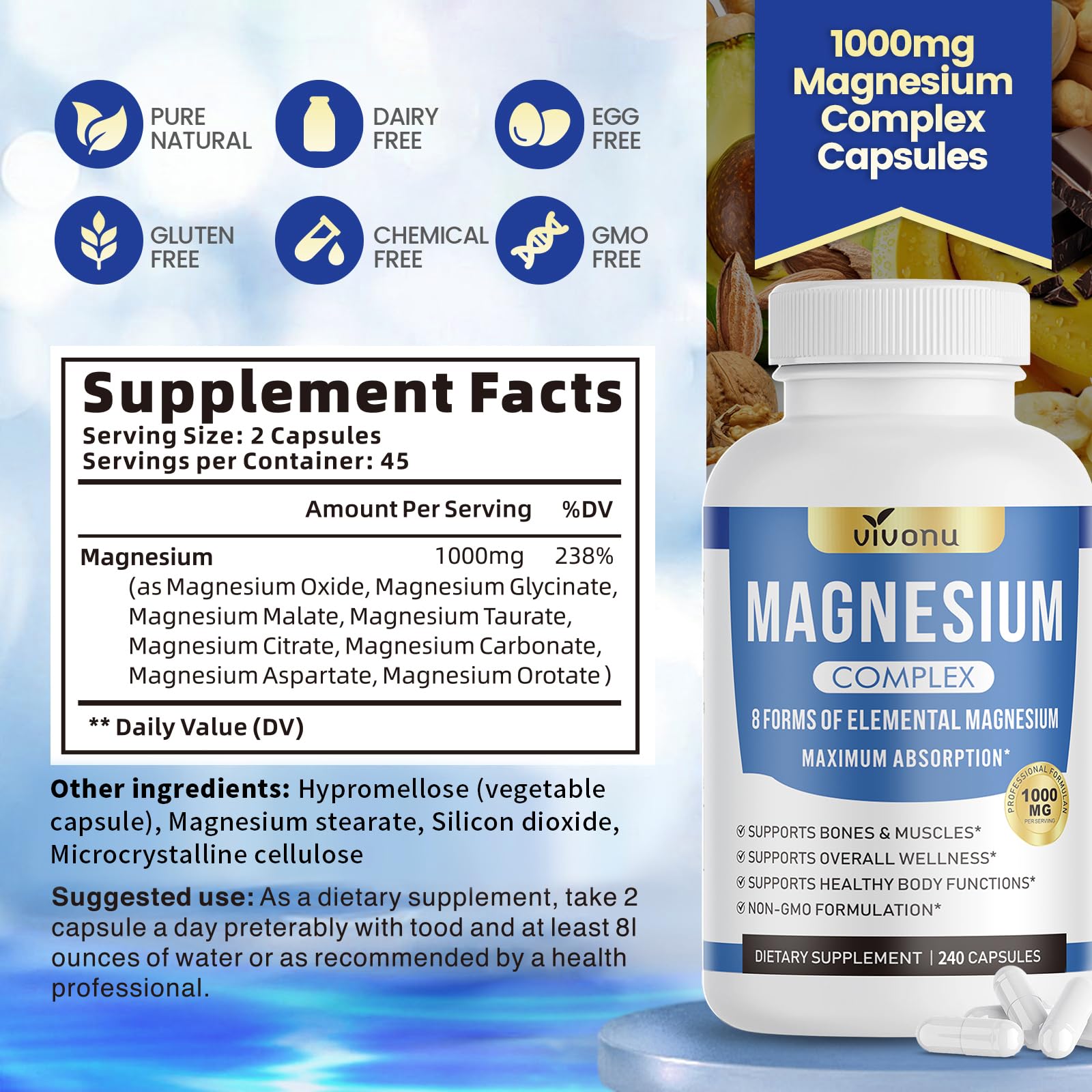 1000mg Magnesium Complex for Women & Men*, 8 Elemental with Magnesium Glycinate, Citrate, Malate, Taurate, Oxide, Carbonate, Aspartate, Orotate for Bones, Muscle - Maple Wellness Supplements
