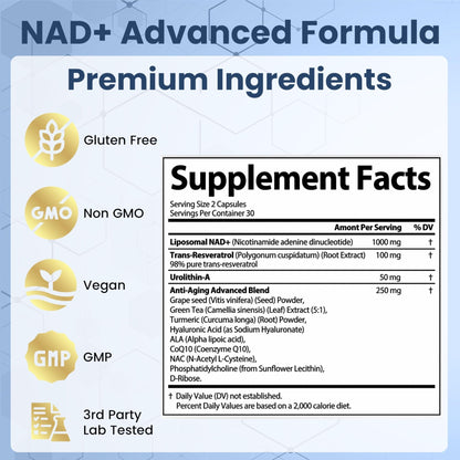 1000mg NAD Supplement with Resveratrol - Advanced Liposomal NAD+ Supplements for Men and Women - Anti-Aging Cell Regenerator - 60 NAD Plus Capsules for Energy & Cellular Health - Maple Wellness Supplements
