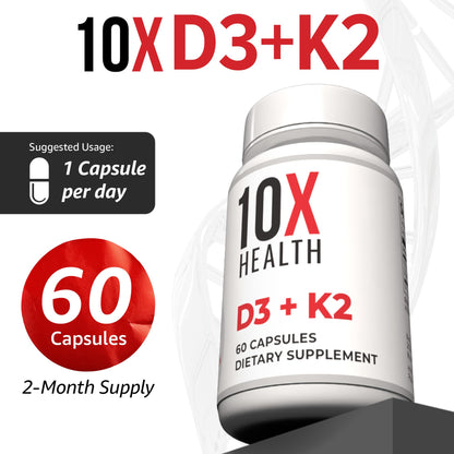 10X Health Vitamin D3 5000 IU & K2 MK7 - Menaquinone 7, High-Potency D3 K2 Vitamin Supplement for Bone Health, Heart and Teeth - 125 mcg Vitamin D & 90 mcg Vitamin K2-60 Capsules - Maple Wellness Supplements