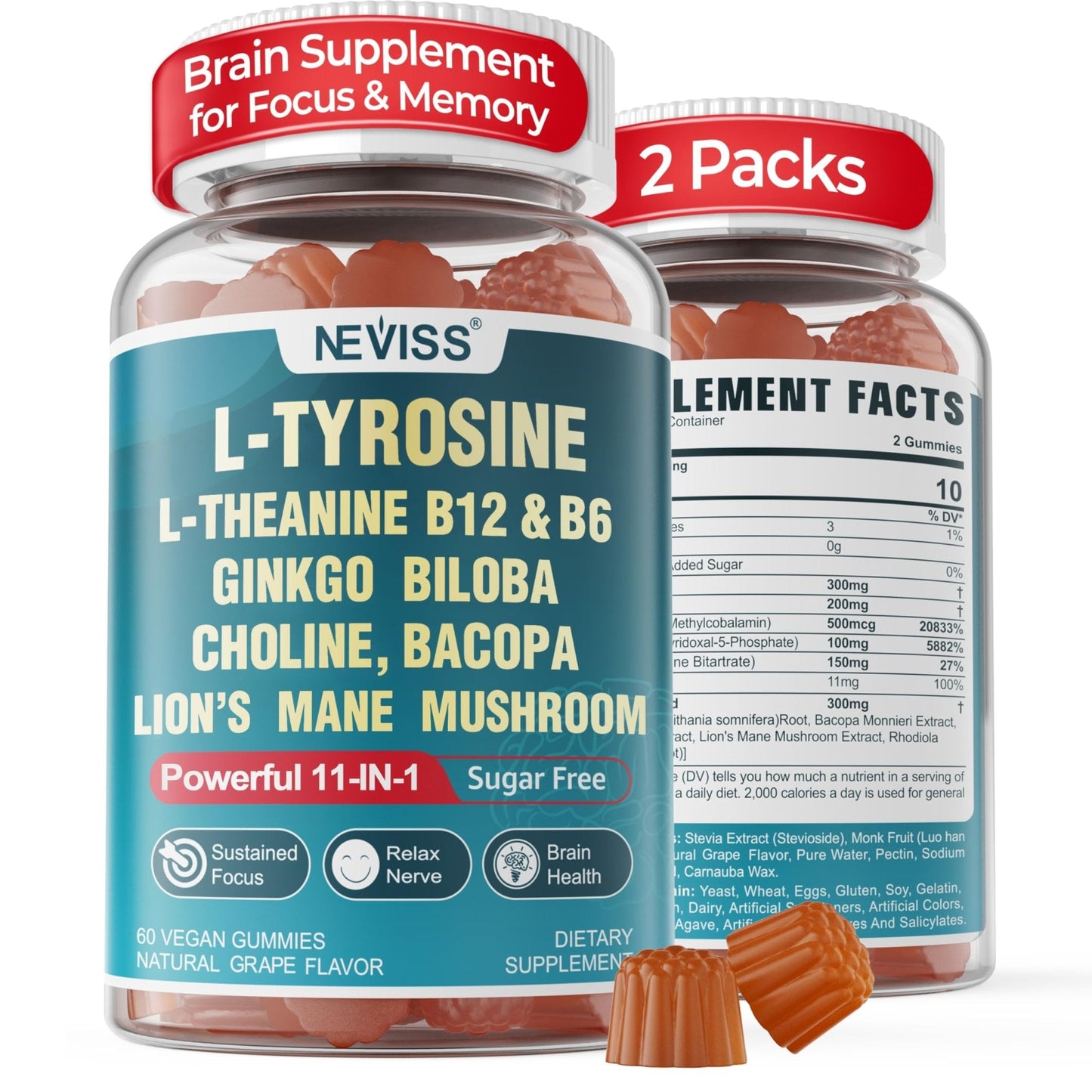11-IN-1 Brain Supplement for Memory and Focus with L-Tyrosine L-Theanine, Methylated B12 & B6, Lion's Mane Mushroom, Ginkgo Biloba, Bacopa Monnieri, Choline for Focus, Nootropic, Energy, 2Packs - Maple Wellness Supplements