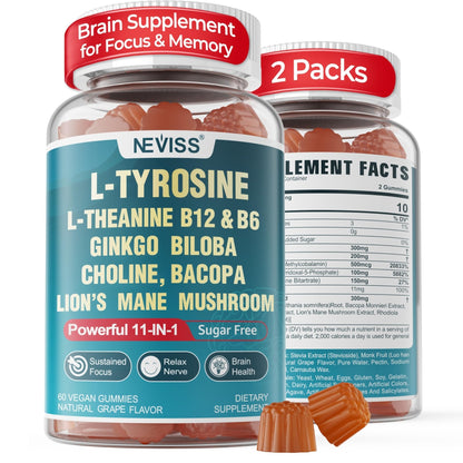 11-IN-1 Brain Supplement for Memory and Focus with L-Tyrosine L-Theanine, Methylated B12 & B6, Lion's Mane Mushroom, Ginkgo Biloba, Bacopa Monnieri, Choline for Focus, Nootropic, Energy, 2Packs - Maple Wellness Supplements