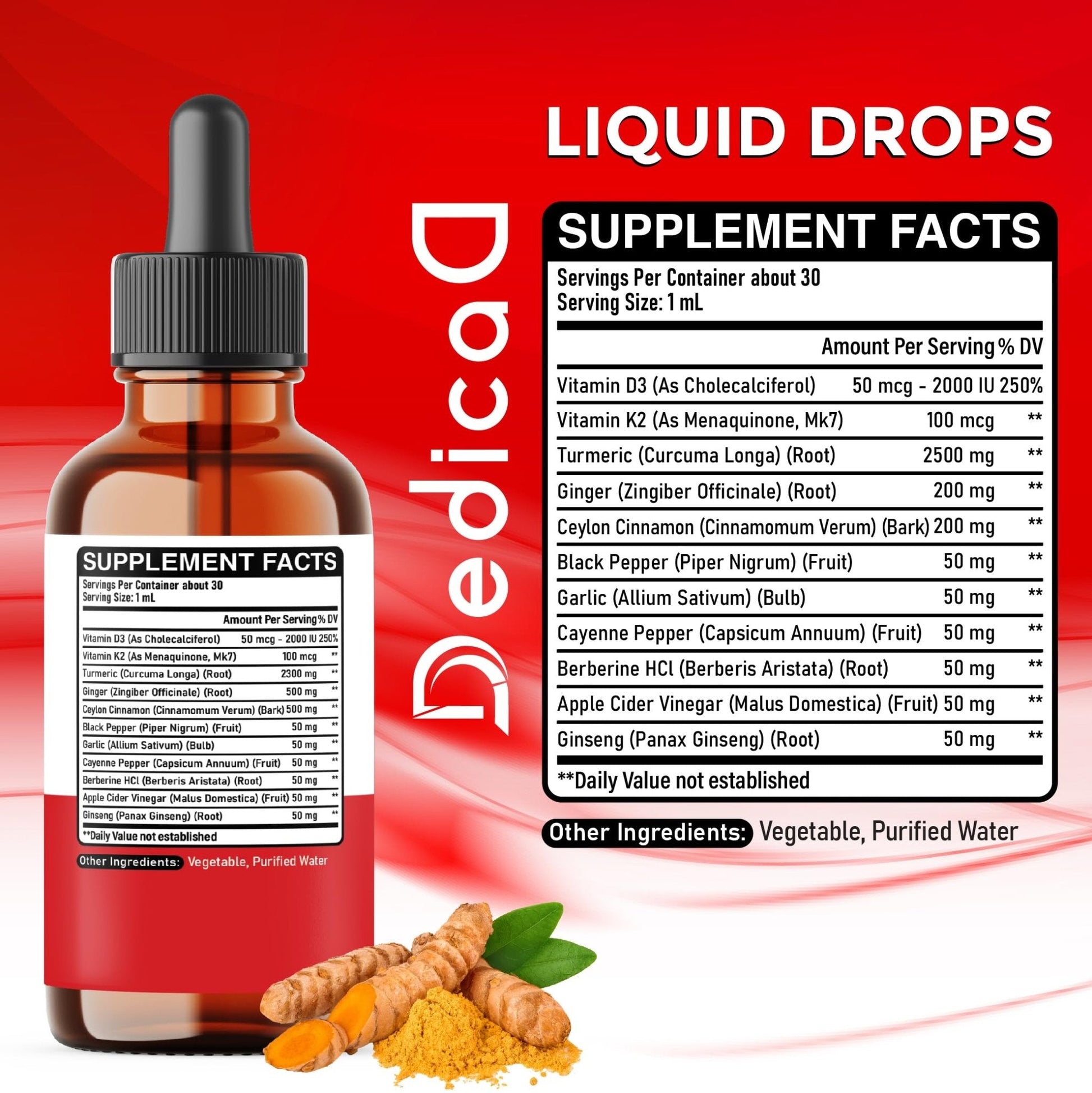 11in1 Liquid Turmeric Supplement – with Ginger, Garlic, Ceylon Cinnamon, Berberine, Ginseng, Apple Cider Vinegar – 1 Fl Oz – 30 Servings - Maple Wellness Supplements