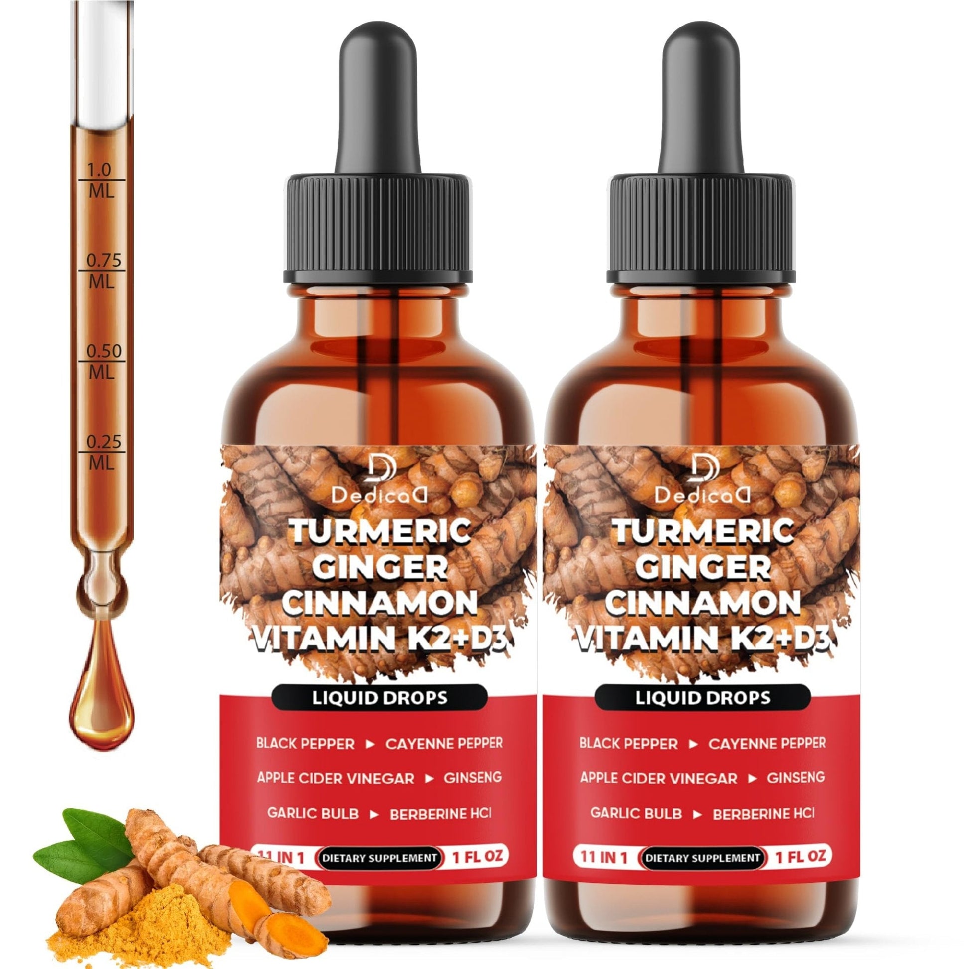 11in1 Turmeric Supplement for Health Heart & Wellness Support – with Ginger, Garlic, Ceylon Cinnamon, Berberine, Ginseng, Apple Cider Vinegar – 30ml Liquid Drops – 60 Servings - Maple Wellness Supplements