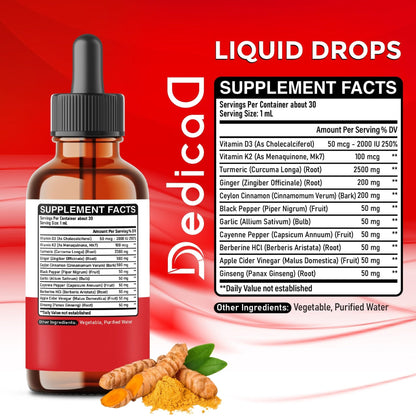 11in1 Turmeric Supplement for Health Heart & Wellness Support – with Ginger, Garlic, Ceylon Cinnamon, Berberine, Ginseng, Apple Cider Vinegar – 30ml Liquid Drops – 60 Servings - Maple Wellness Supplements