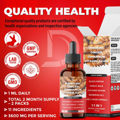 11in1 Turmeric Supplement for Health Heart & Wellness Support – with Ginger, Garlic, Ceylon Cinnamon, Berberine, Ginseng, Apple Cider Vinegar – 30ml Liquid Drops – 60 Servings - Maple Wellness Supplements