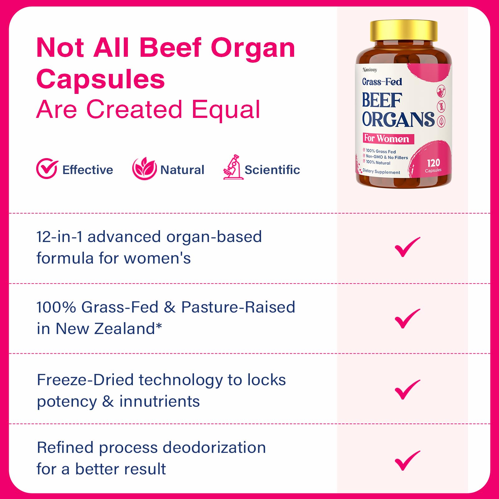 12-In-1 Beef Organ Supplement for Women - Beef Liver, Uterus, Kidney, Heart, Pancreas, 5 Vitamins & 2 Herbs, Hormone Balance, Menstruation, Energy, Immune - 100% Grass Fed, Pasture Raise - 120 Caps - Maple Wellness Supplements