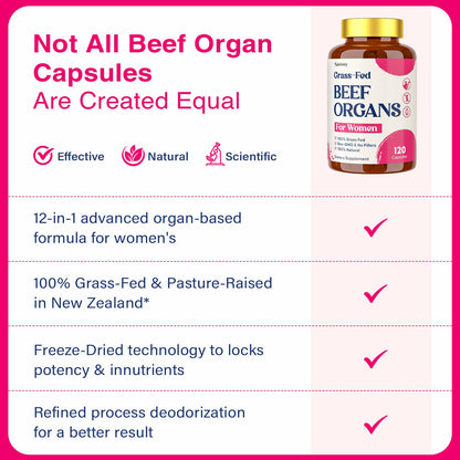 12-In-1 Beef Organ Supplement for Women - Beef Liver, Uterus, Kidney, Heart, Pancreas, 5 Vitamins & 2 Herbs, Hormone Balance, Menstruation, Energy, Immune - 100% Grass Fed, Pasture Raise - 120 Caps - Maple Wellness Supplements
